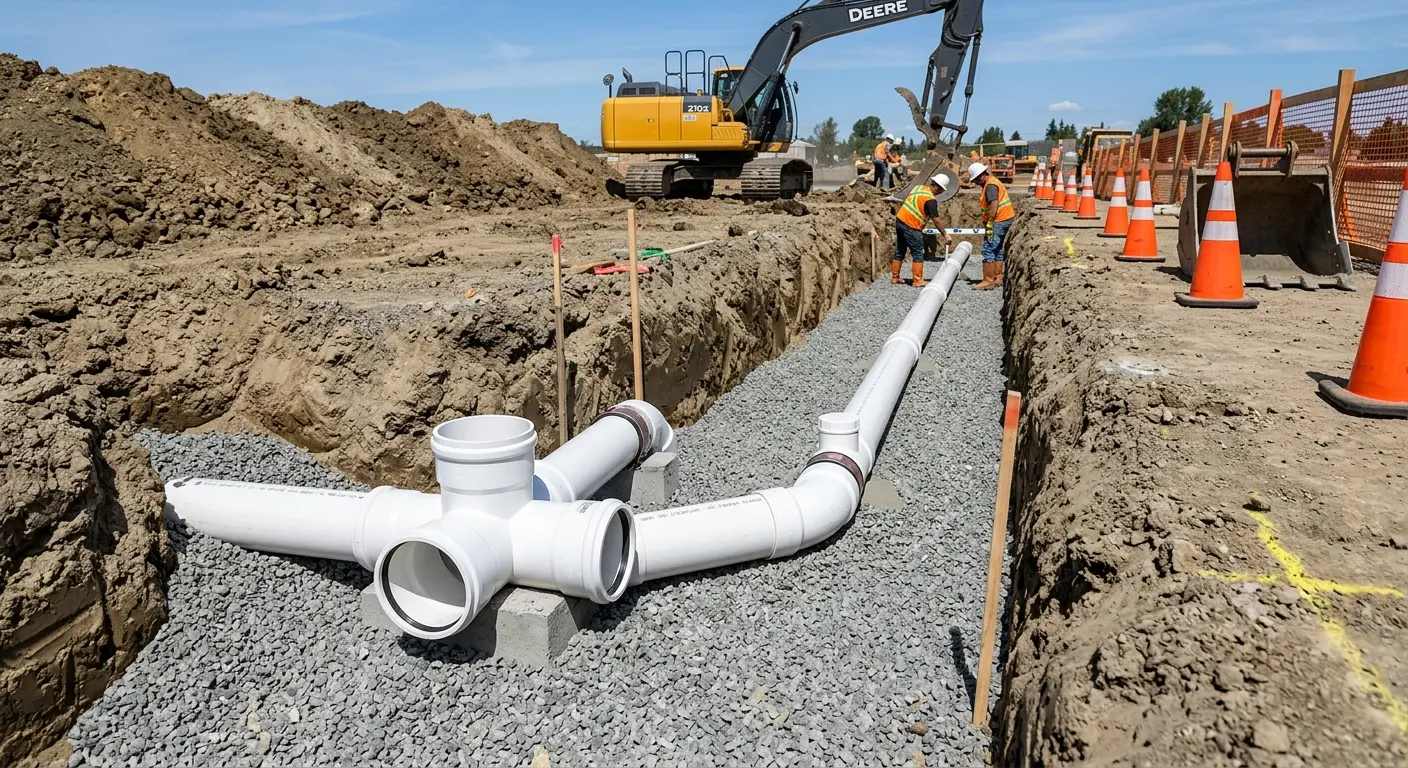 New PVC sewer pipe installation in open trench for Grease Trap Cleaning in Sierra Vista Southeast