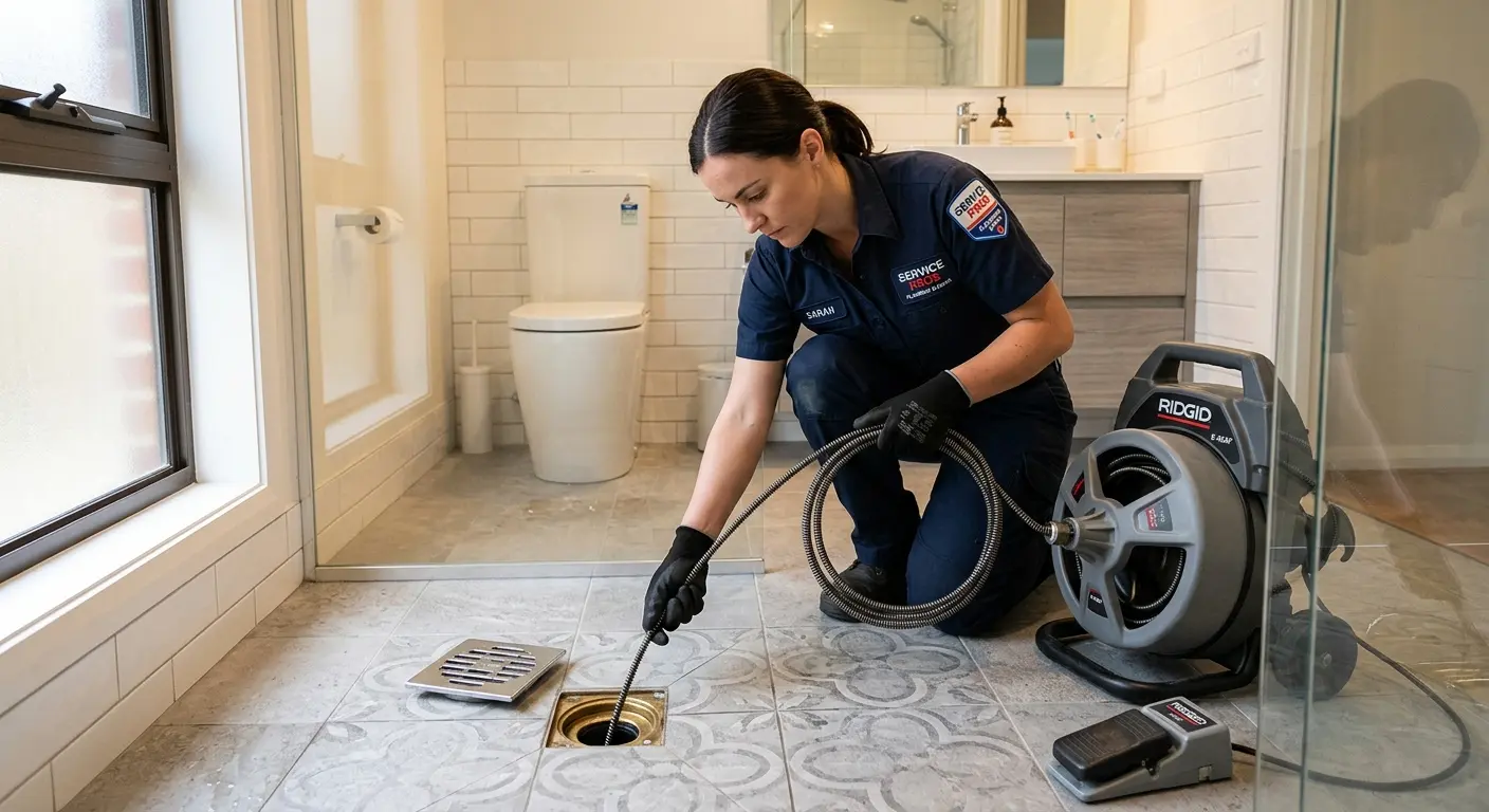 Technician clearing a bathroom floor drain for Drain Repair in Sierra Vista Southeast